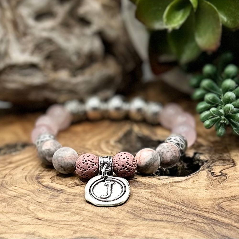 Elegant Pink and Silver Beaded Bracelet with Initial Charm